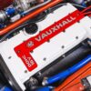 Close up of C20LET engine cover of the Max Power Vauxhall Nova competition car