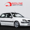 White Citroen Saxo VTS Phase 2 front side angle with upgrades, available to win at Redline Competitions. Caption: Win this rare white Citroen Saxo VTS with upgrades for just 4p per entry at Redline Competitions.