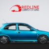 Side profile of a Vauxhall Corsa B SRI Turbo in Caribic Blue with 300bhp Z20LEH engine swap at Redline Competitions
