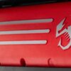 Close-up of the Fiat 595 Abarth Competizione red engine cover featuring Abarth scorpion logo. Redline Competitions 9p draw with instant wins.