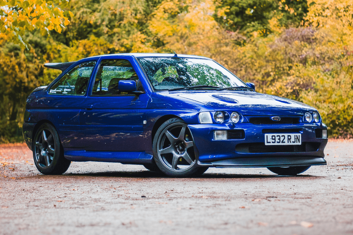 Ford Escort RS Cosworth viewed from front angle showing Compomotive alloy wheels and superb condition – Redline Competitions