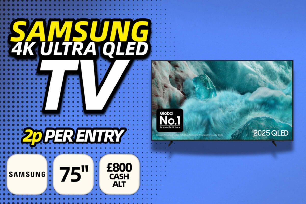 Samsung Q7F 75-inch 4K QLED Smart TV displayed on its stand as the main thumbnail for the Redline Competitions prize draw.