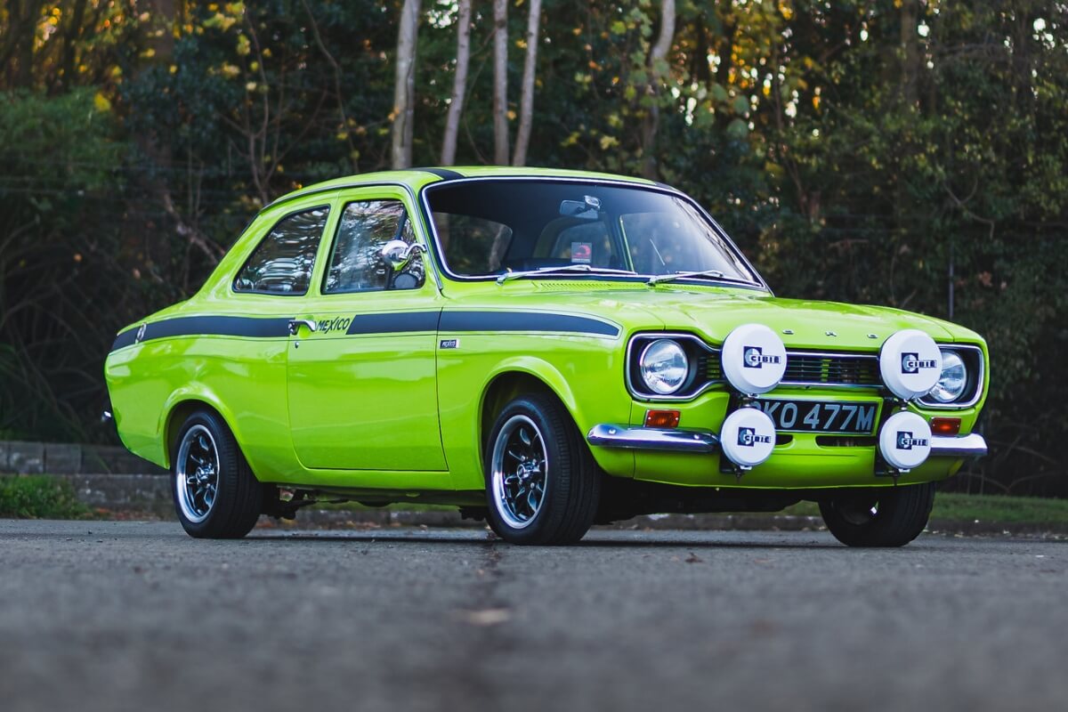 Ford Escort Mk1 Mexico recreation shown from the main angled exterior view in Le Mans Green, offered by Redline Competitions.