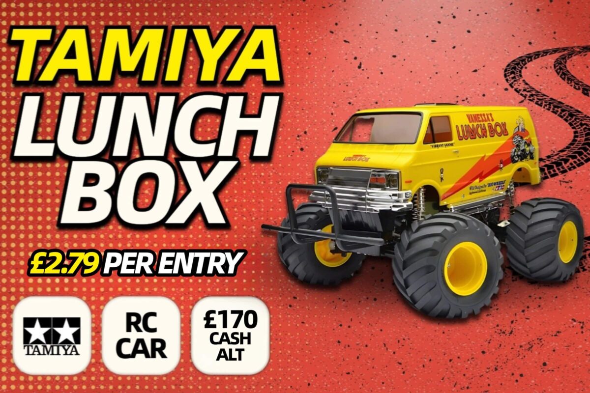 Tamiya Lunchbox RC bundle self assembly kit with monster truck wheels available to win at Redline Competitions UK